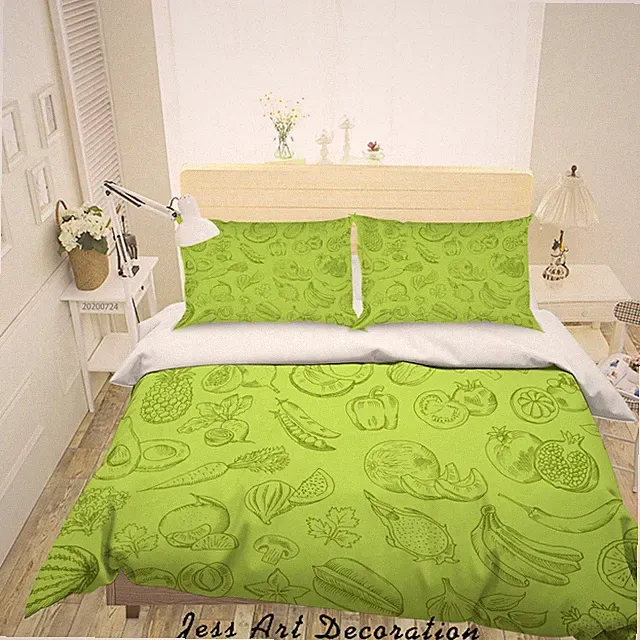 3D Fruits Vegetables Pattern Green Quilt Cover Set Bedding Sets Pillowcases 64