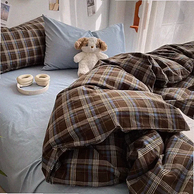 Bedding Set Ins Ambiance Blue Coffee Grid Mixed with Washed Cotton Minimalist