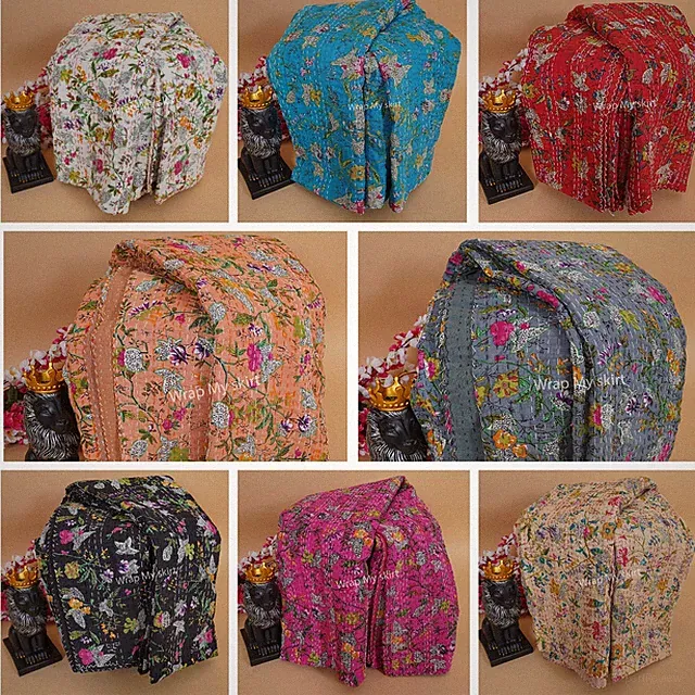 Bohemian Kantha Quilt Indian Handmade Quilt Throw Blanket Cotton Bedspread