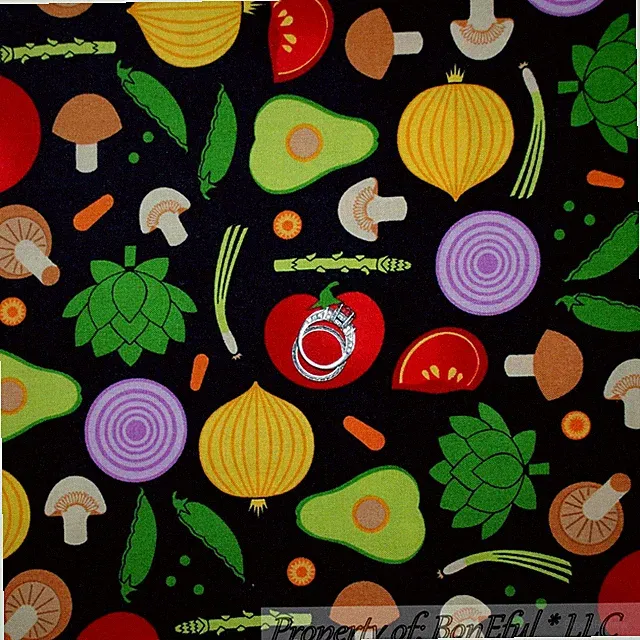 BonEful Fabric FQ Cotton Quilt Black Green Vegetable Garden Red Tomato Mushroom