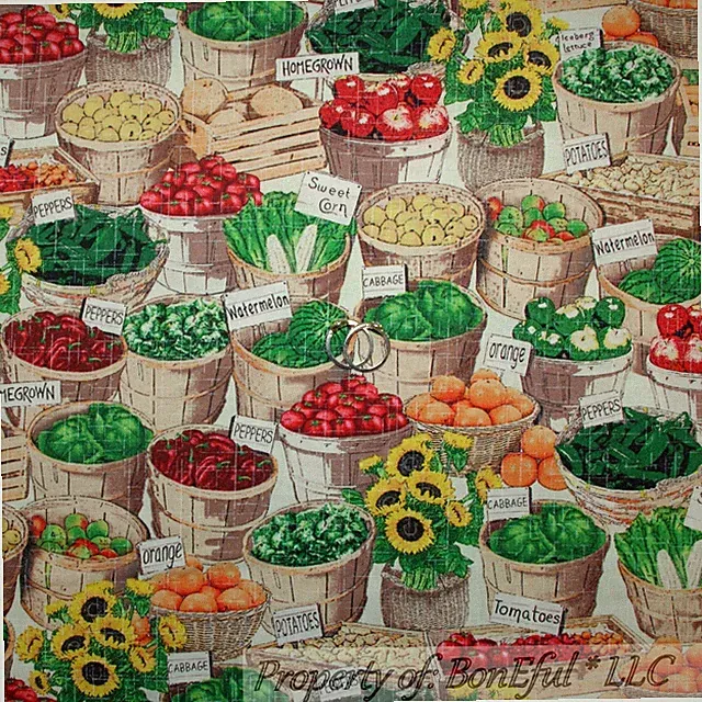 BonEful Fabric FQ Cotton Quilt Green Vegetable Fruit Basket Market Lemon Yellow