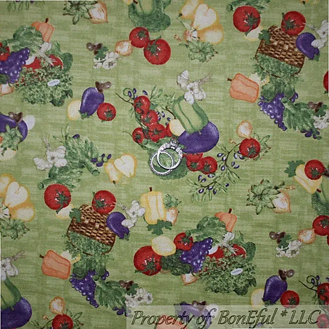 BonEful Fabric FQ Cotton Quilt Green Vegetable Garden Herb Market Fruit Basket S