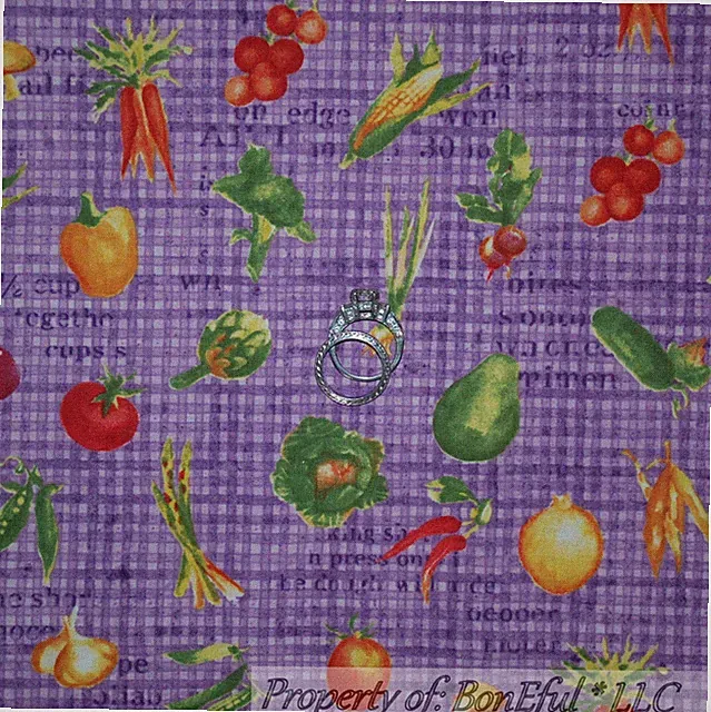 BonEful Fabric FQ Cotton Quilt Purple Green Vegetable Kitchen Garden Farm Girl S