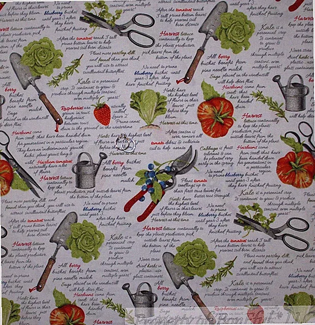 BonEful Fabric FQ Cotton Quilt VTG White Green Red Garden Vegetable Food Tomato