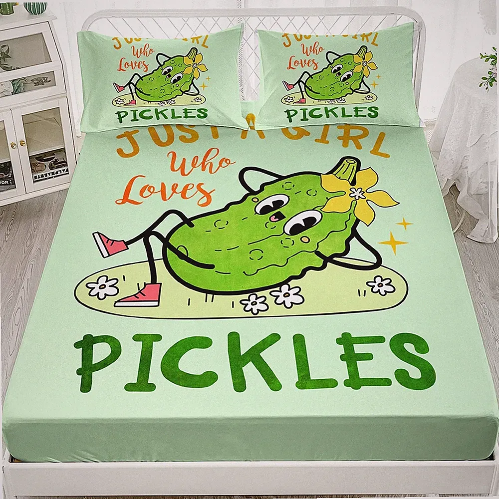 Cute Pickle Twin Fitted Sheet Set - 3 Pcs Cartoon Cucumber Bed Sheets for Girls