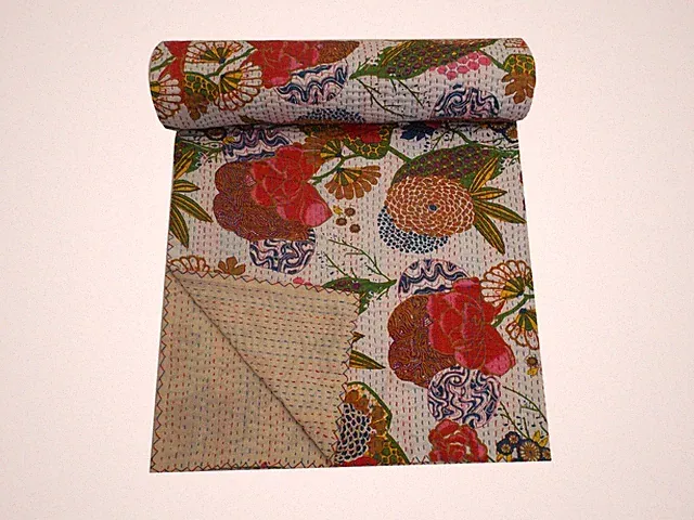 Exotic print floral and fruit design collection white color way kantha bed sheet