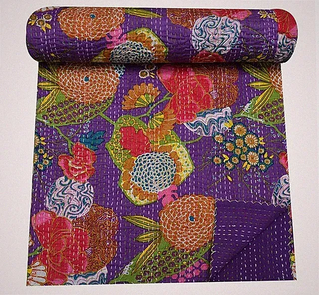 Exotic print fruits and floral design purple color way handmade kantha bed sheet