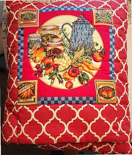 Homemade Red Vegetable Quillow Quilted Blanket (Pillow with folded quilt inside)