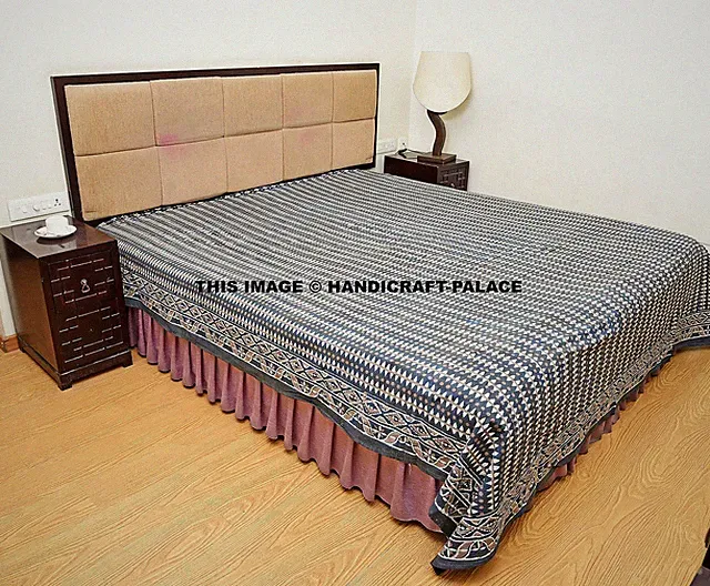Indian Cotton Vegetable Dyes Indigo Blue King Bed Sheet Bedding Coverlet Decor