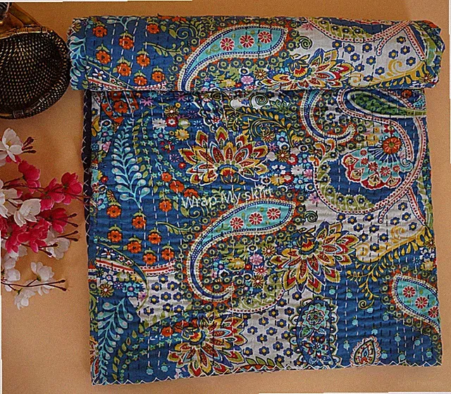 Indian hand stitched pure cotton quilt lightweight comforter Paisley print throw