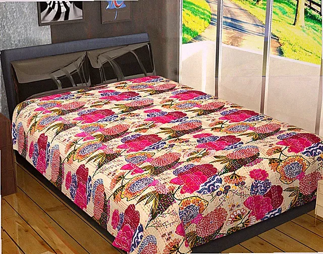 Indian Handmade Fruit Print Peach Kantha Bedding Reversible Kantha Quilt Blanket