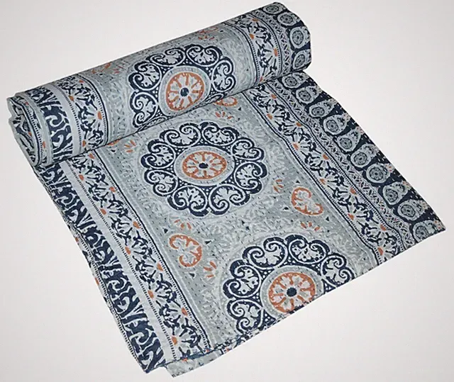 Indian Handmade Twin Cotton Kantha Quilt Suzani Print Throw Blanket Bedspread