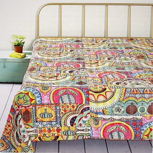 Indian Handmade Vegetable Kantha Quilt Bedspread Blanket Décor Twin & Queen Size