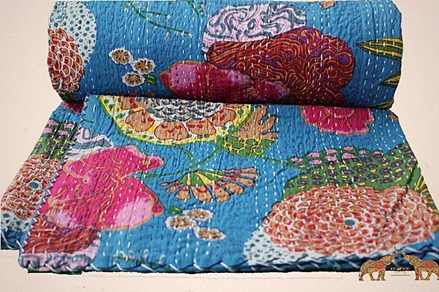 Indian Vintage Blue Fruit Print Handmade Kantha Quilts Bedcover Throw Blanket