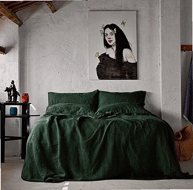 Linen Duvet Cover in Forest Green color, Stonewashed Linen Bedding cover Set