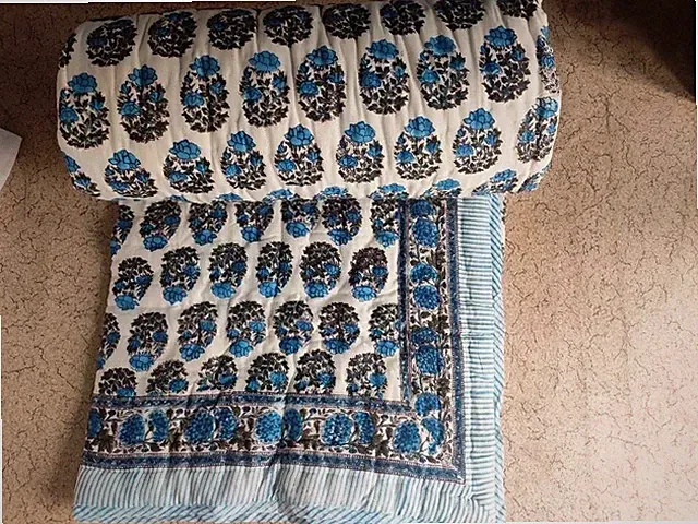 Reversible Hand Stitched Quilted Cotton Art Handmade Block Printed Floral Quilt