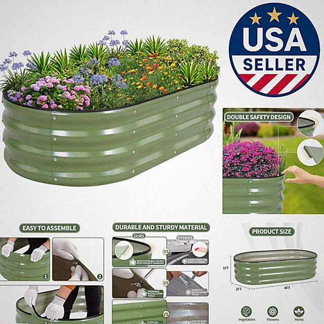 Stylish Oval Galvanized Metal Garden Bed 4x2x1ft - Perfect for Flowers & Veggies