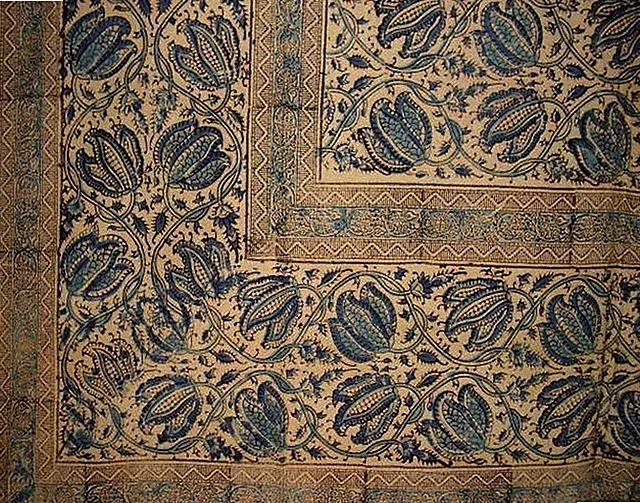 Veggie Dye Block Print Tapestry Cotton Bedspread 108" x 88" Full-Queen Blue